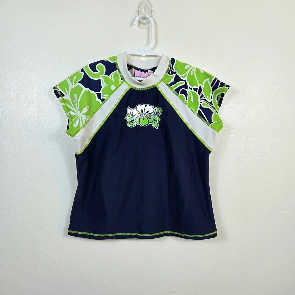 ZeroXposur Girls Navy Green Tropical Short Sleeve Y2K Beach Rash Guard 16 Floral